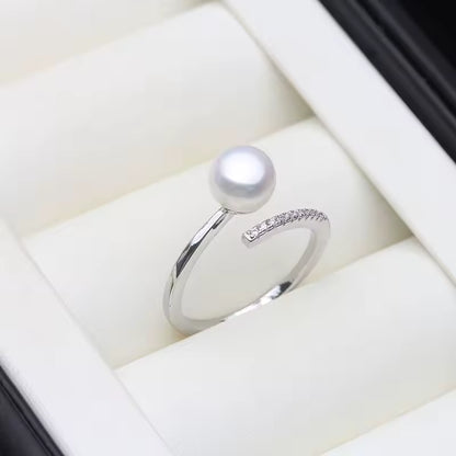 Anillos de perlas de agua dulce genuinas para mujer, anillo de perlas de plata 925 ajustable madre esposa regalo de cumpleaños blanco negro