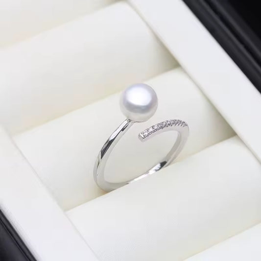 Anillos de perlas de agua dulce genuinas para mujer, anillo de perlas de plata 925 ajustable madre esposa regalo de cumpleaños blanco negro