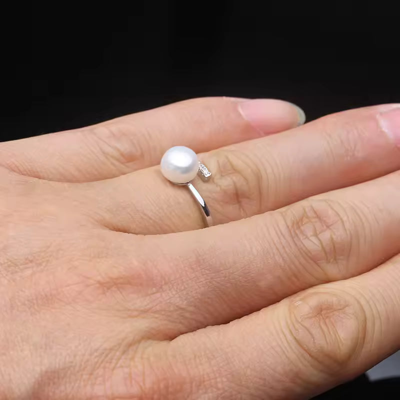 Anillos de perlas de agua dulce genuinas para mujer, anillo de perlas de plata 925 ajustable madre esposa regalo de cumpleaños blanco negro