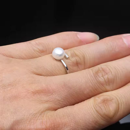 Anillos de perlas de agua dulce genuinas para mujer, anillo de perlas de plata 925 ajustable madre esposa regalo de cumpleaños blanco negro