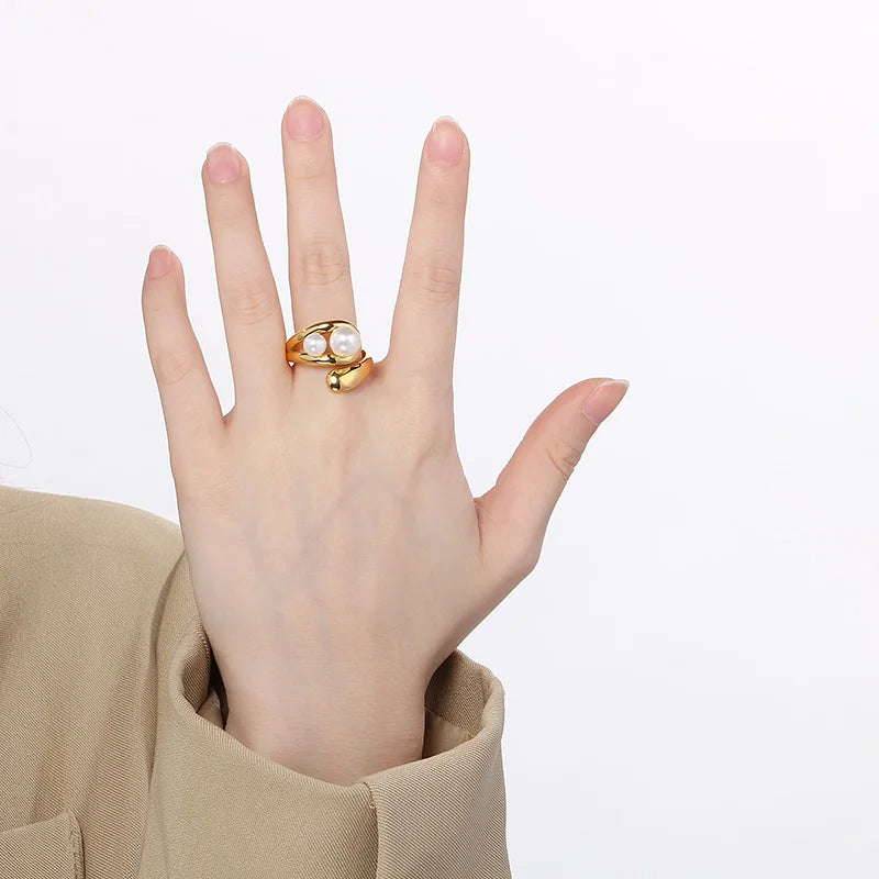 Anillos de cuentas de perlas de imitación de concha francesa para mujeres y hombres, anillos geométricos de acero inoxidable de Color dorado y plateado, joyería femenina