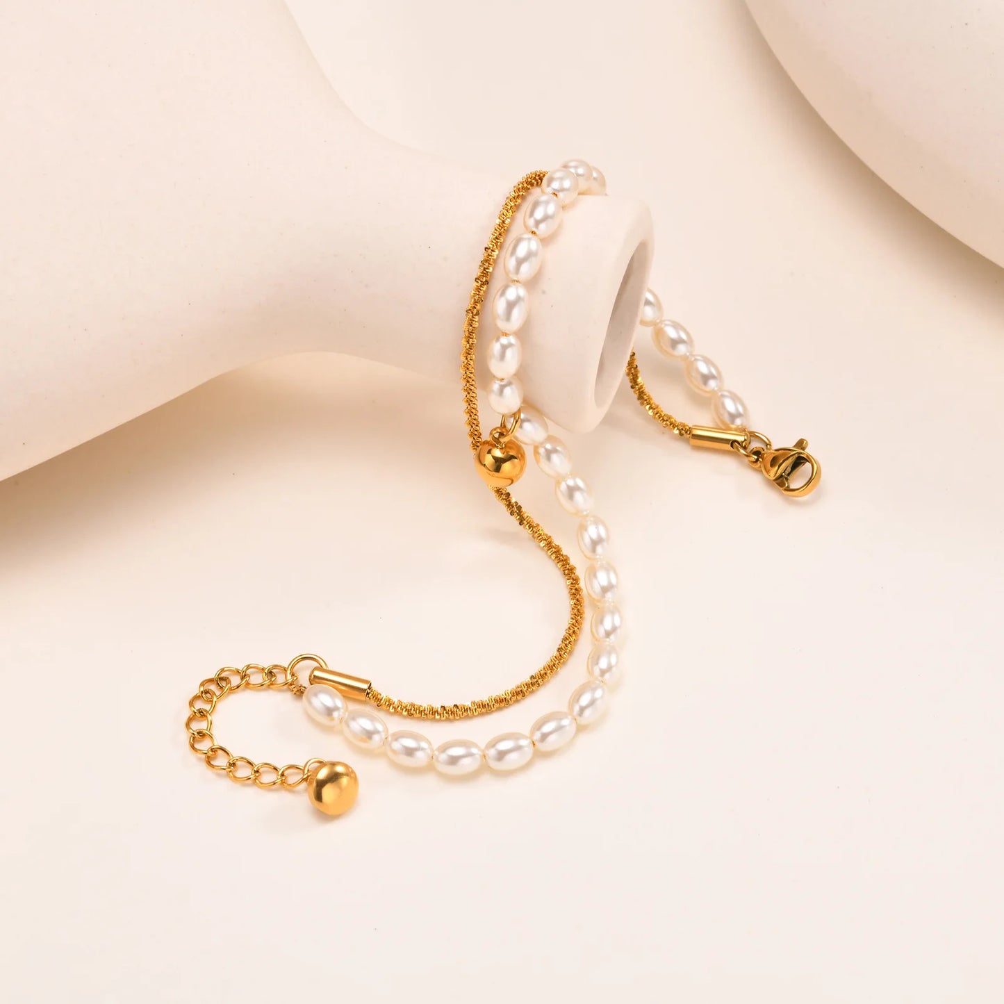 Pulsera apilada de doble capa, cadena de Gypsophila de acero inoxidable, pulseras de bolas de perlas de imitación para mujer, joyería de Color dorado