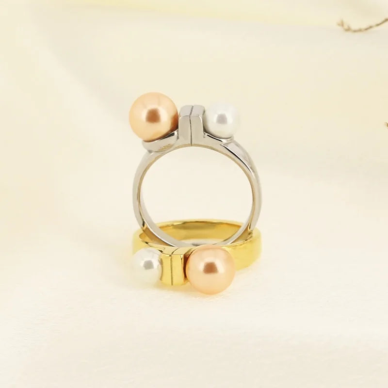 Anillos de cuentas de perlas de imitación de concha francesa para mujeres y hombres, anillos geométricos de acero inoxidable de Color dorado y plateado, joyería femenina