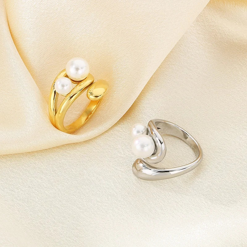 Anillos de cuentas de perlas de imitación de concha francesa para mujeres y hombres, anillos geométricos de acero inoxidable de Color dorado y plateado, joyería femenina
