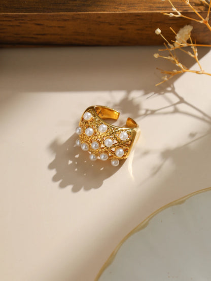 Anillo geométrico hueco de perla de imitación chapado en oro de 18k de acero inoxidable para mujer, anillo abierto francés con temperamento, regalo de joyería para uso diario