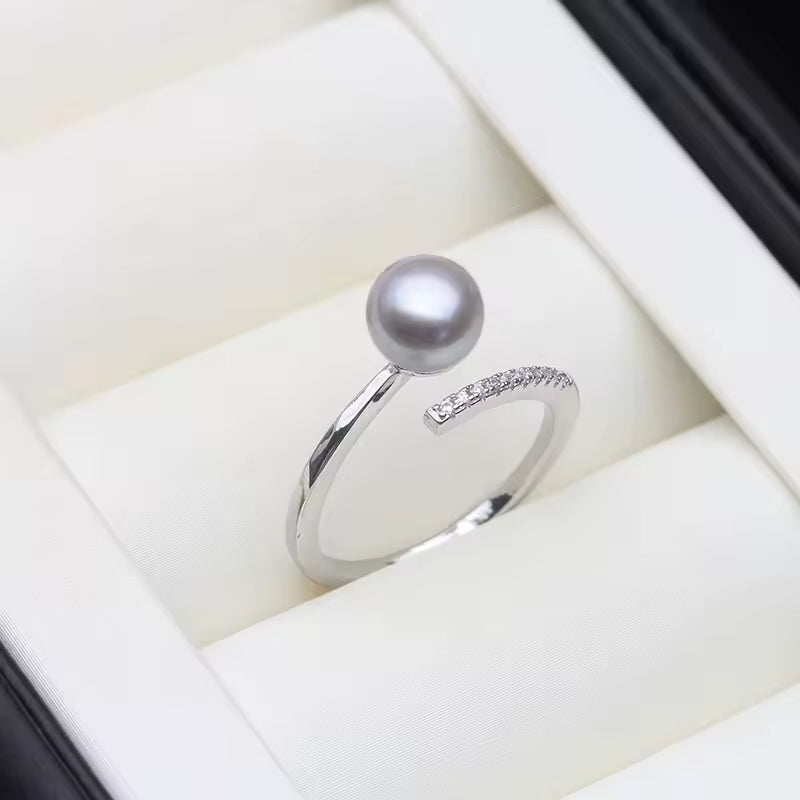 Anillos de perlas de agua dulce genuinas para mujer, anillo de perlas de plata 925 ajustable madre esposa regalo de cumpleaños blanco negro