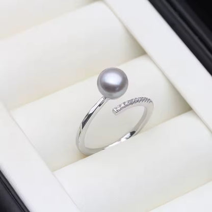 Anillos de perlas de agua dulce genuinas para mujer, anillo de perlas de plata 925 ajustable madre esposa regalo de cumpleaños blanco negro
