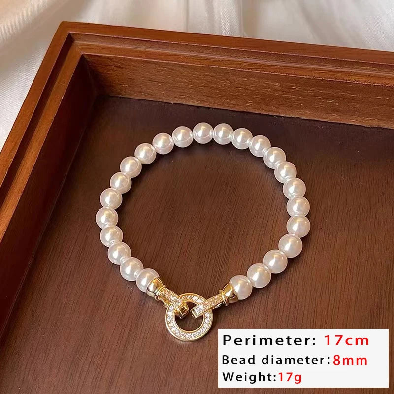 Microconjunto francés elegante con hebilla redonda de circón, pulseras con dijes de perlas de imitación para mujer, conjunto de joyería con carácter, nuevos accesorios