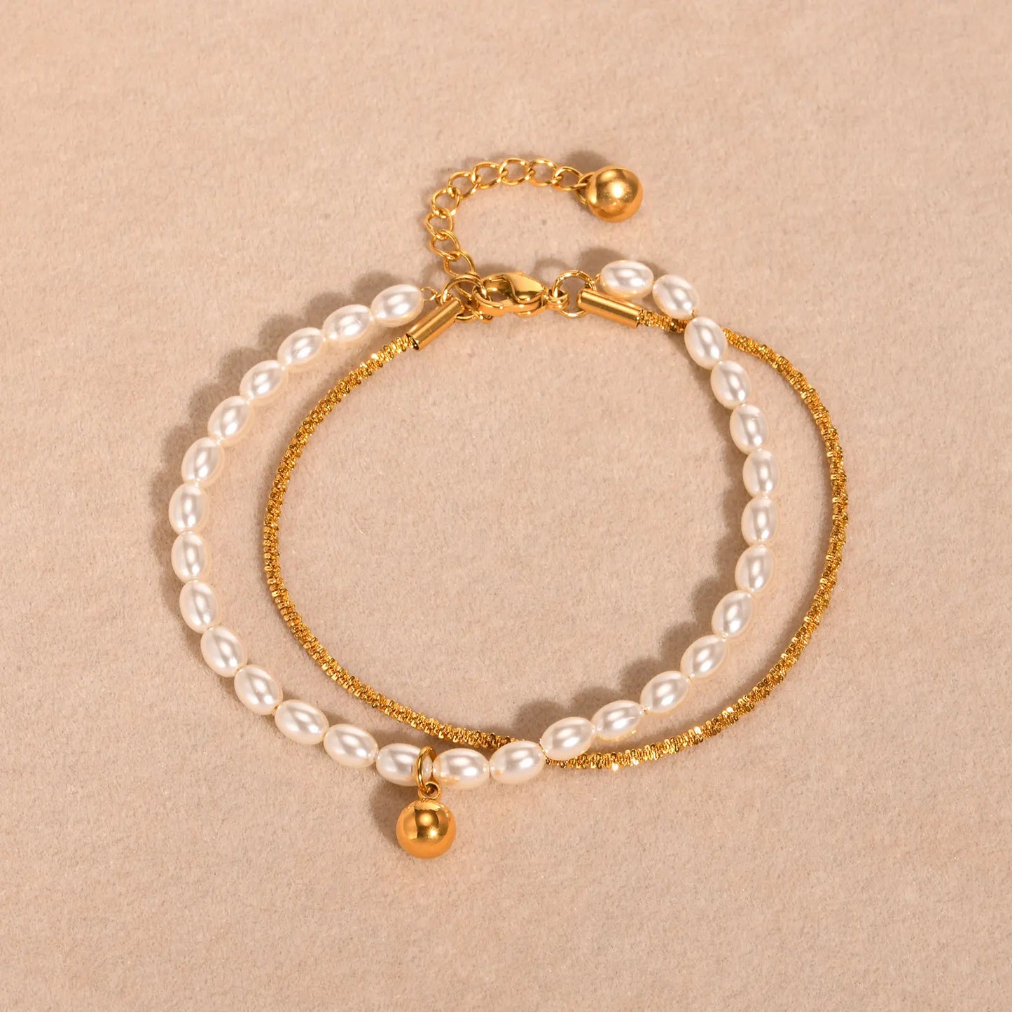 Pulsera apilada de doble capa, cadena de Gypsophila de acero inoxidable, pulseras de bolas de perlas de imitación para mujer, joyería de Color dorado