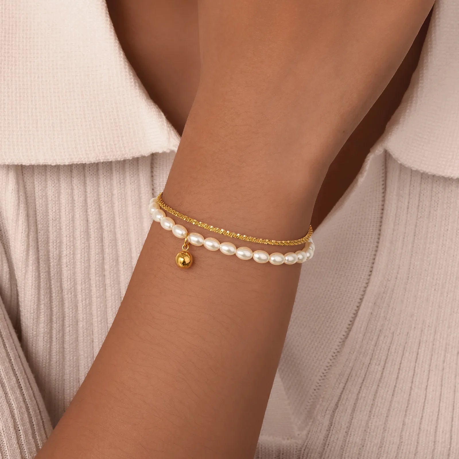 Pulsera apilada de doble capa, cadena de Gypsophila de acero inoxidable, pulseras de bolas de perlas de imitación para mujer, joyería de Color dorado