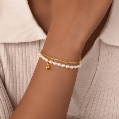 Pulsera apilada de doble capa, cadena de Gypsophila de acero inoxidable, pulseras de bolas de perlas de imitación para mujer, joyería de Color dorado