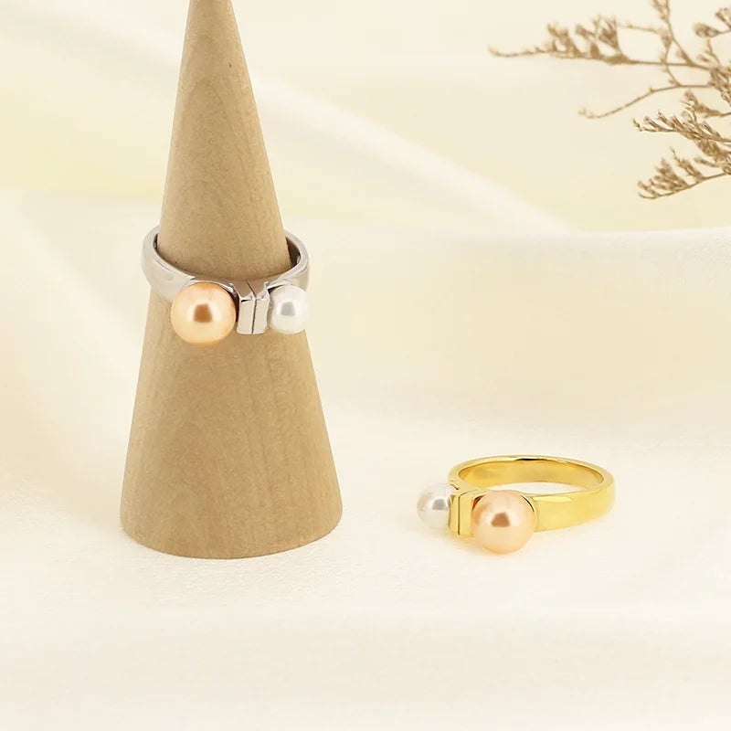 Anillos de cuentas de perlas de imitación de concha francesa para mujeres y hombres, anillos geométricos de acero inoxidable de Color dorado y plateado, joyería femenina
