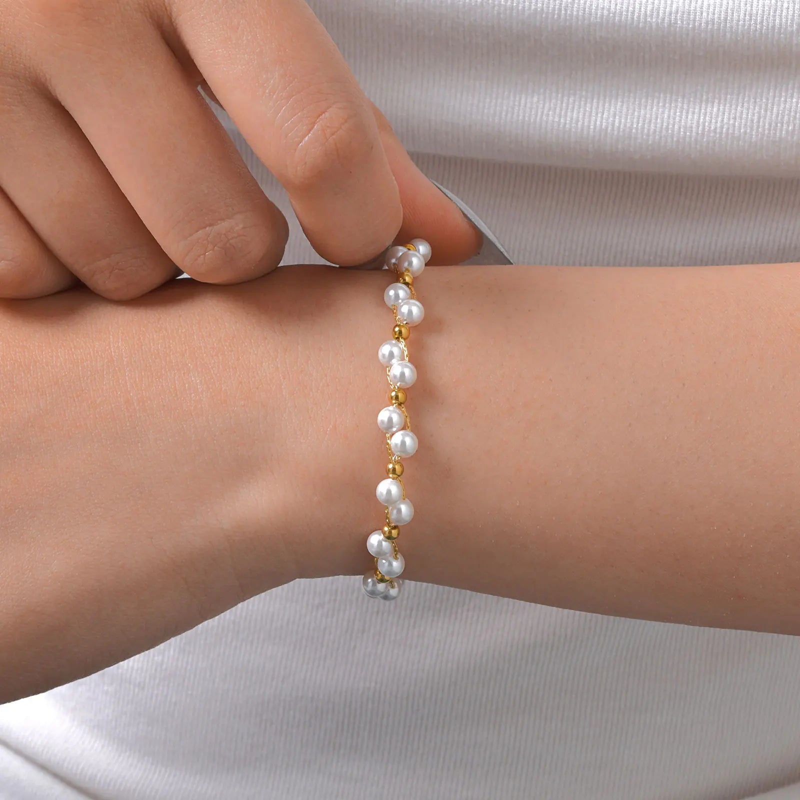 Elegante pulsera con dijes de perlas de imitación para mujer, pulseras de cadena con cuentas de acero inoxidable, regalo de joyería de boda impermeable