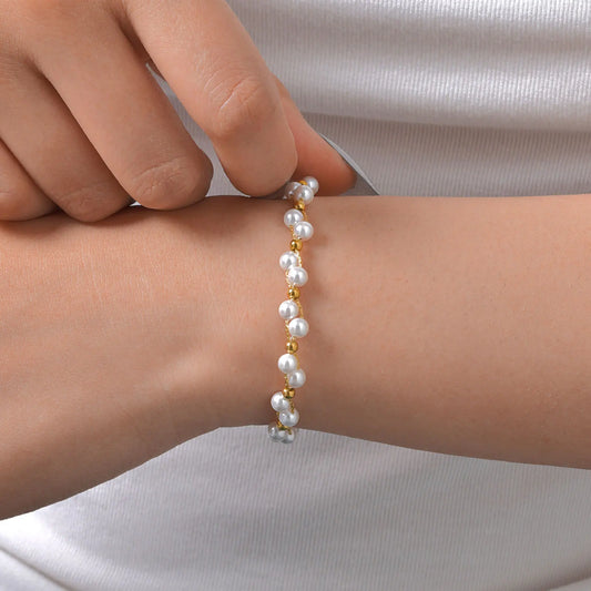 Elegante pulsera con dijes de perlas de imitación para mujer, pulseras de cadena con cuentas de acero inoxidable, regalo de joyería de boda impermeable