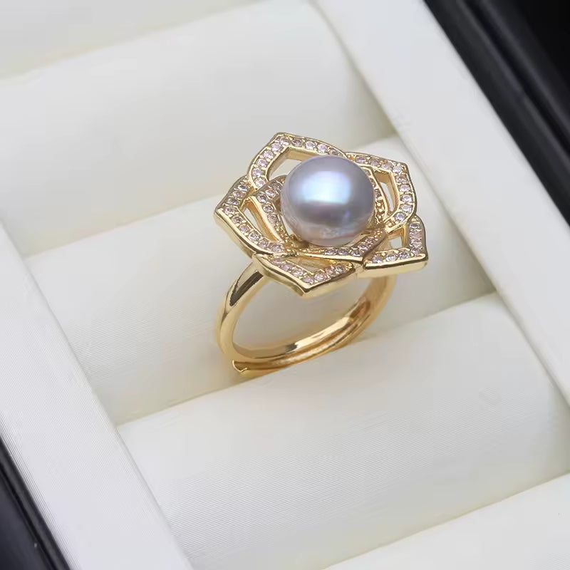 Anillos de perlas naturales de agua dulce reales para mujer, anillos de perlas cultivadas chapadas en oro, regalo de cumpleaños ajustable para madre, blanco y negro