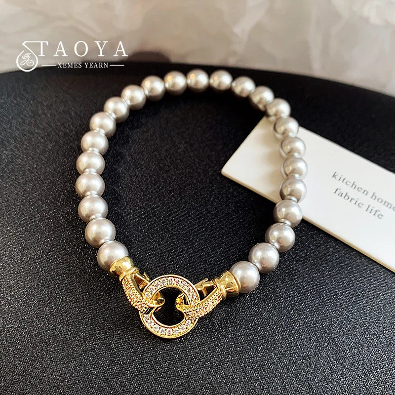 Microconjunto francés elegante con hebilla redonda de circón, pulseras con dijes de perlas de imitación para mujer, conjunto de joyería con carácter, nuevos accesorios
