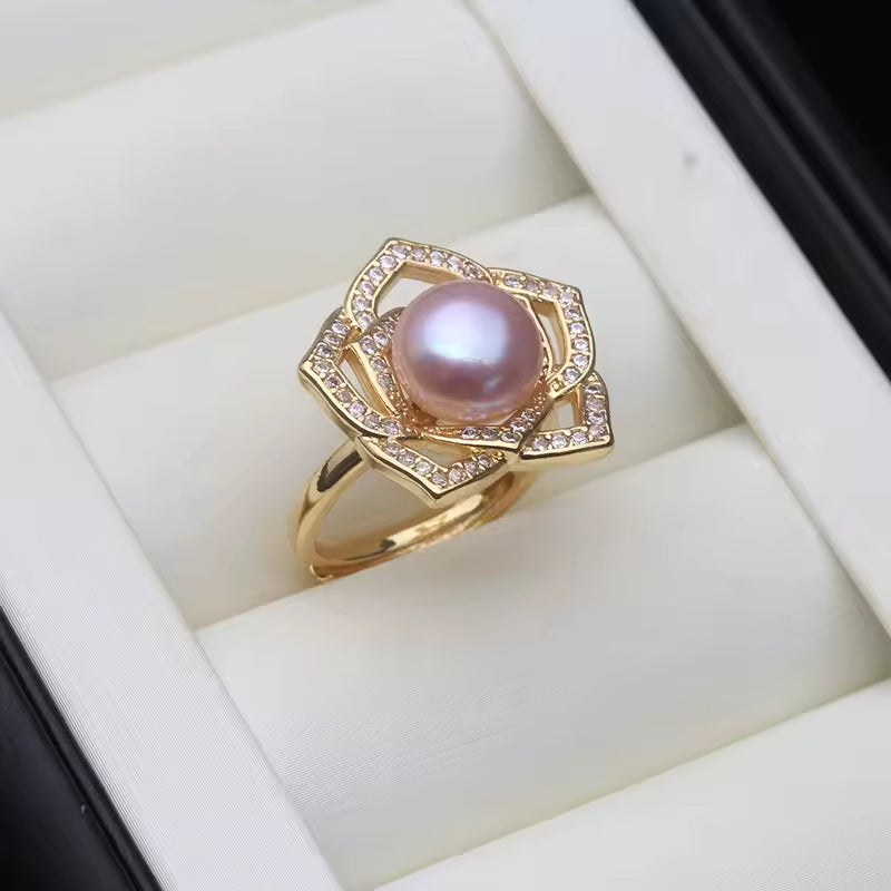 Anillos de perlas naturales de agua dulce reales para mujer, anillos de perlas cultivadas chapadas en oro, regalo de cumpleaños ajustable para madre, blanco y negro