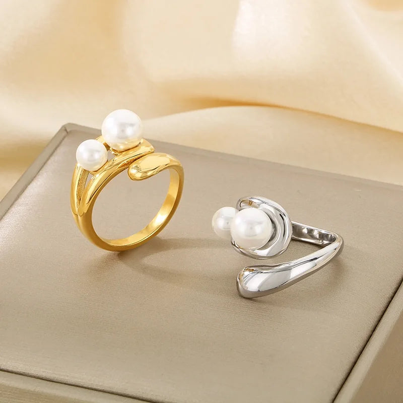 Anillos de cuentas de perlas de imitación de concha francesa para mujeres y hombres, anillos geométricos de acero inoxidable de Color dorado y plateado, joyería femenina