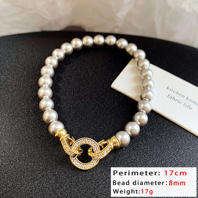 Microconjunto francés elegante con hebilla redonda de circón, pulseras con dijes de perlas de imitación para mujer, conjunto de joyería con carácter, nuevos accesorios