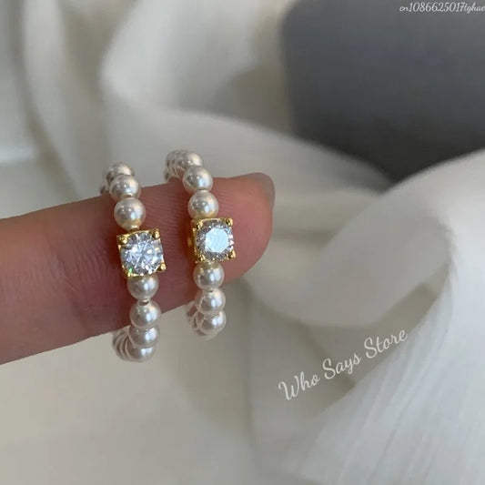 Anillos de perlas de imitación de circón Vintage francés para mujer, elegante anillo elástico con cuentas, regalo de joyería de boda para fiesta de lujo