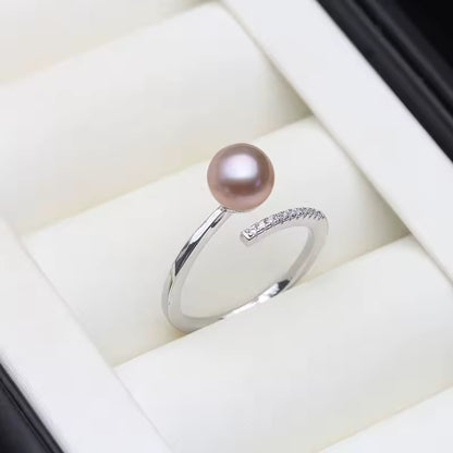 Anillos de perlas de agua dulce genuinas para mujer, anillo de perlas de plata 925 ajustable madre esposa regalo de cumpleaños blanco negro