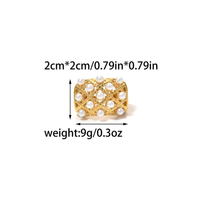 Anillo geométrico hueco de perla de imitación chapado en oro de 18k de acero inoxidable para mujer, anillo abierto francés con temperamento, regalo de joyería para uso diario