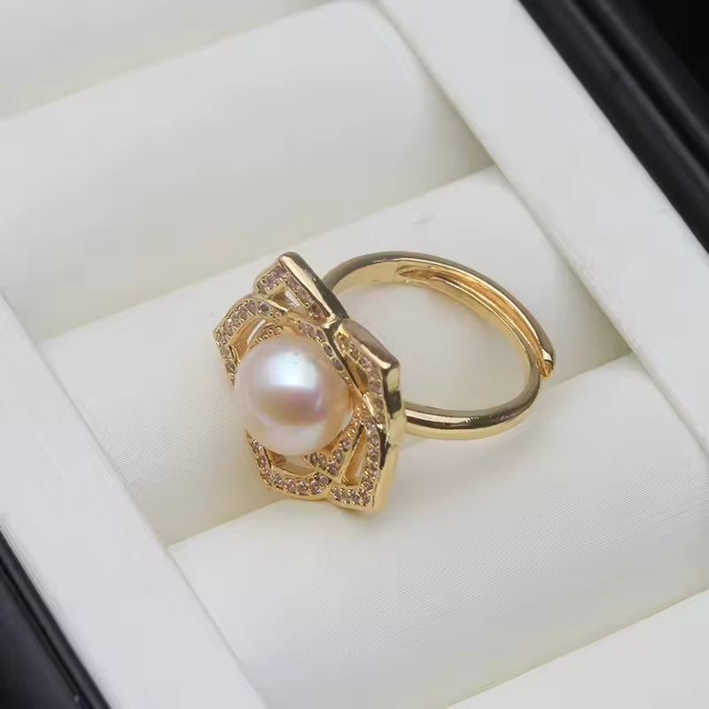 Anillos de perlas naturales de agua dulce reales para mujer, anillos de perlas cultivadas chapadas en oro, regalo de cumpleaños ajustable para madre, blanco y negro
