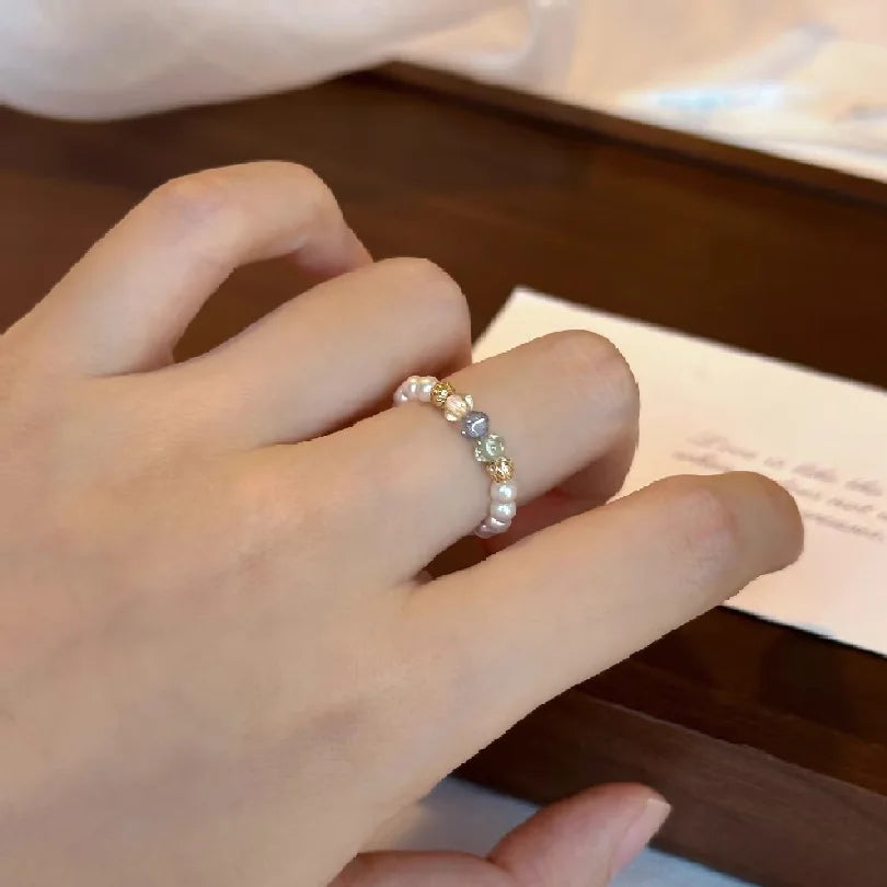 Anillos de perlas de imitación de circón Vintage francés para mujer, elegante anillo elástico con cuentas, regalo de joyería de boda para fiesta de lujo
