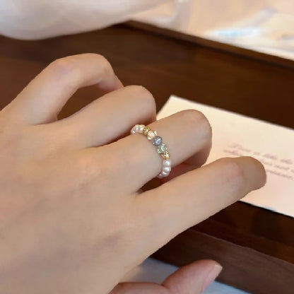 Anillos de perlas de imitación de circón Vintage francés para mujer, elegante anillo elástico con cuentas, regalo de joyería de boda para fiesta de lujo