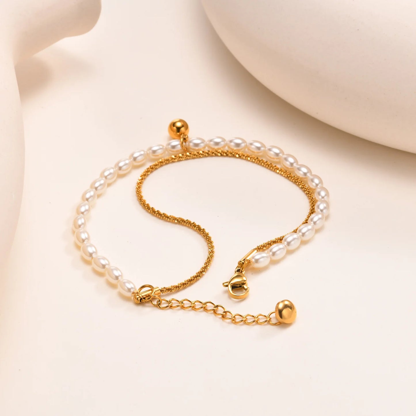 Pulsera apilada de doble capa, cadena de Gypsophila de acero inoxidable, pulseras de bolas de perlas de imitación para mujer, joyería de Color dorado