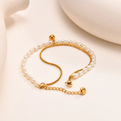 Pulsera apilada de doble capa, cadena de Gypsophila de acero inoxidable, pulseras de bolas de perlas de imitación para mujer, joyería de Color dorado