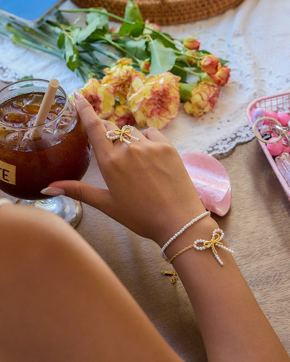 Elena Pearl Bow Layered Bracelet