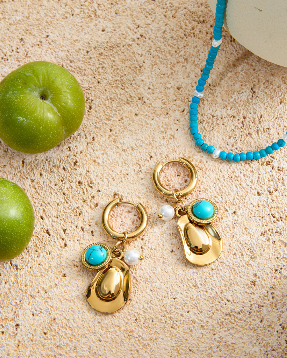 Elena Golden Turquoise & Pearl Charm Hoop Earrings