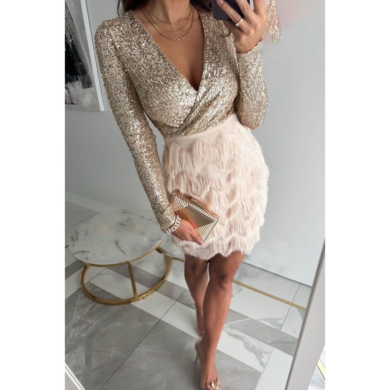 Elia dress with patchwork and fringes - Champagne / S